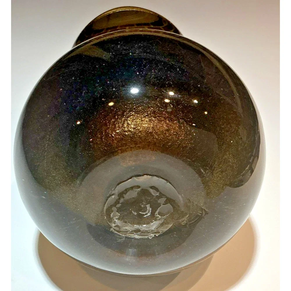 Hand Blown Art Glass Vase Amber Brown Gold Fleck Heavy Murano Style 6”